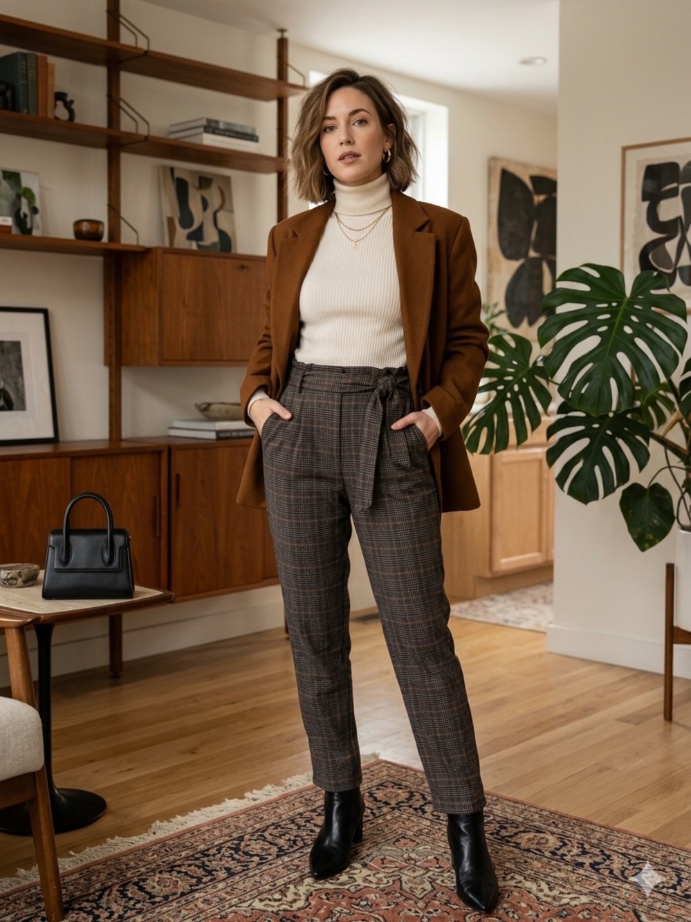 High-Waist Plaid Paperbag Trousers in Brown
